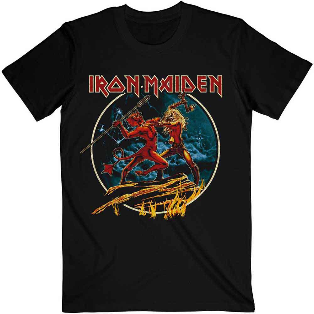 Black t-shirt with Iron Maiden’s “Number of the Beast” and “Run to the Hills” artwork.