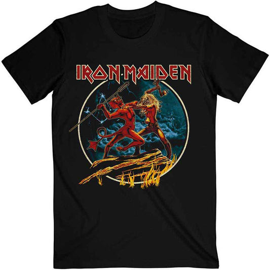 Large black Iron Maiden t-shirt with circular “Number of the Beast” and “Run to the Hills” design.