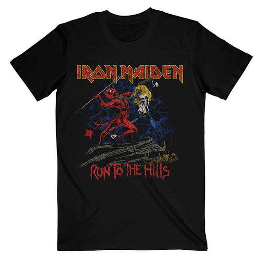 Black t-shirt with distressed Iron Maiden “Number of the Beast” and “Run to the Hills” artwork.