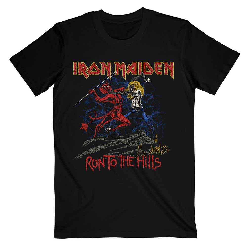 Black t-shirt with distressed Iron Maiden “Number of the Beast” and “Run to the Hills” artwork.