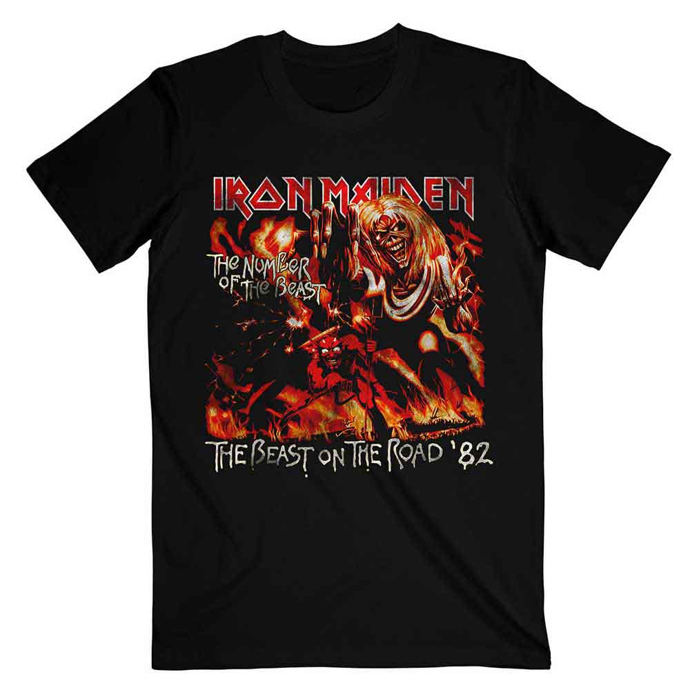 Vintage-style black t-shirt featuring Iron Maiden’s “Number of the Beast” album artwork.