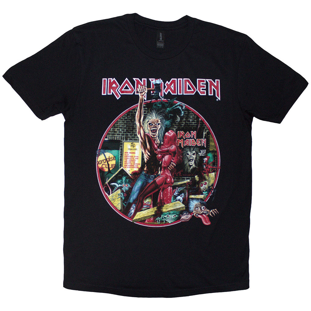 Black Iron Maiden t-shirt featuring a circular Paradise Club logo, size small.