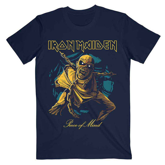 Black unisex t-shirt featuring the Iron Maiden Piece of Mind Gold Eddie album artwork.