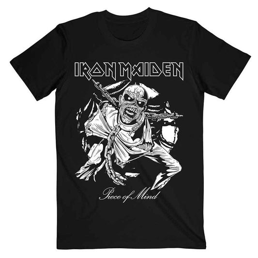 Black unisex t-shirt featuring a monochrome graphic of the Iron Maiden Piece of Mind Eddie.