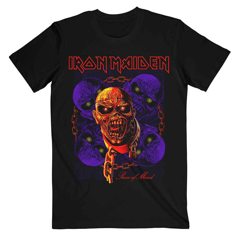 Black t-shirt featuring multi-headed Eddie from Iron Maiden’s Piece of Mind album cover.