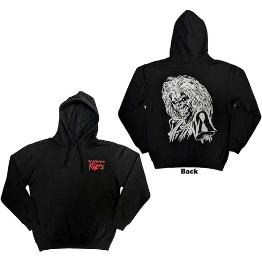 Black hoodie with large back print of Iron Maiden’s Eddie the Killer mascot.