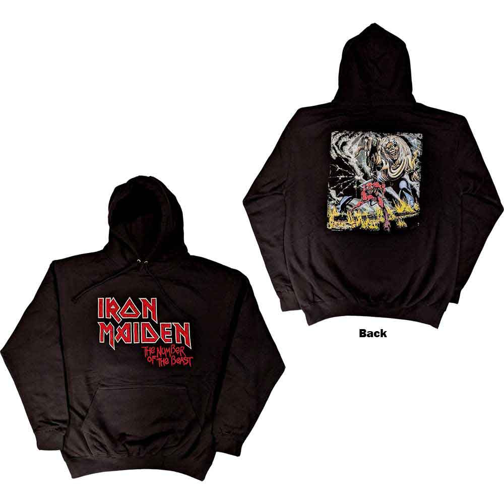 Dark grey hoodie with faded vintage Iron Maiden “Number of the Beast” logo on back.