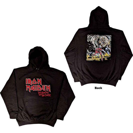 Dark grey hoodie with faded vintage Iron Maiden “Number of the Beast” logo on back.