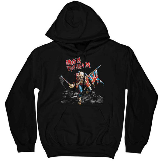 Black hoodie with Iron Maiden "The Trooper" artwork, worn by a man.