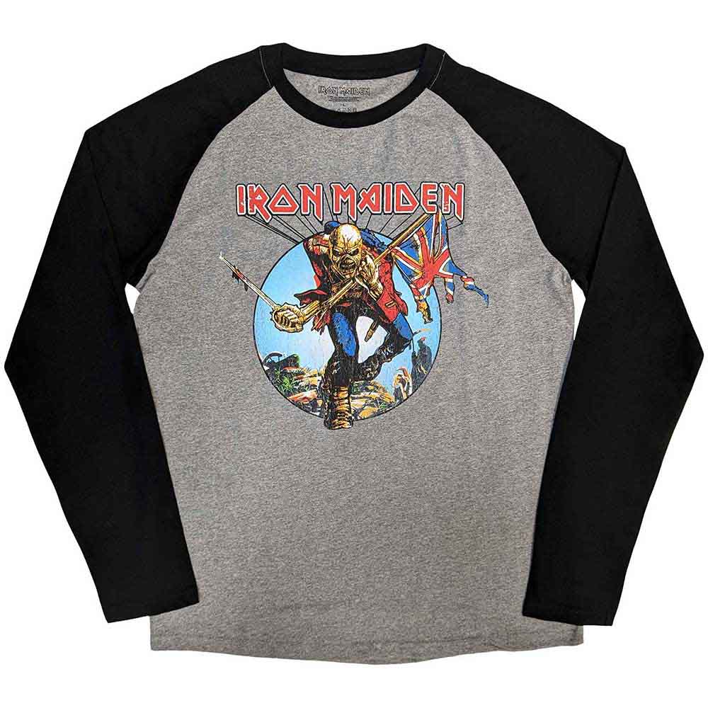 Raglan t-shirt with Iron Maiden’s “Trooper” album cover art, size large.