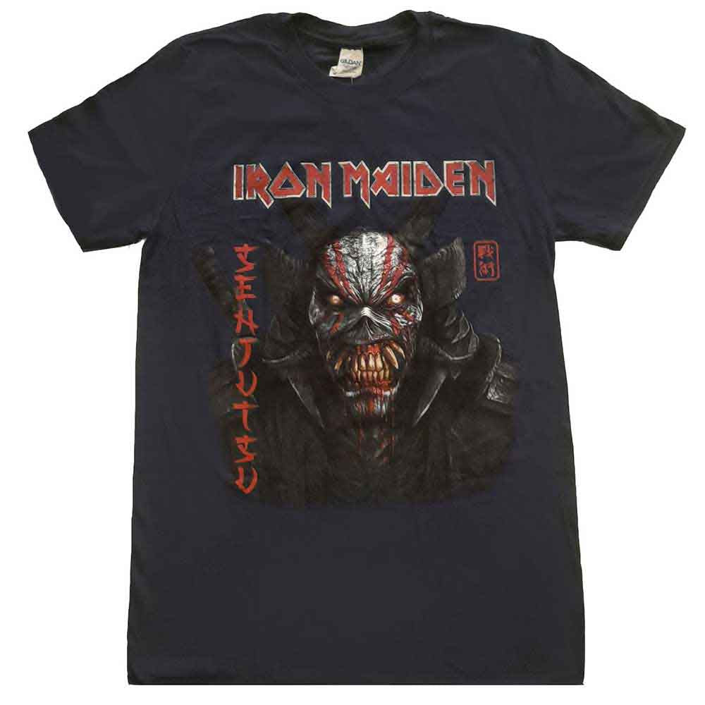 Black unisex t-shirt featuring the Iron Maiden Senjutsu album art and vertical logo.