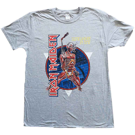 Grey t-shirt with Iron Maiden “Somewhere in Time” album artwork.