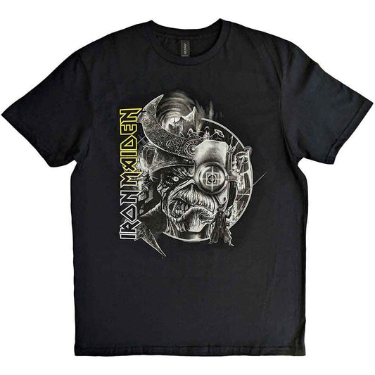 Black unisex t-shirt featuring a greyscale Iron Maiden The Future Past Tour 2023 graphic.