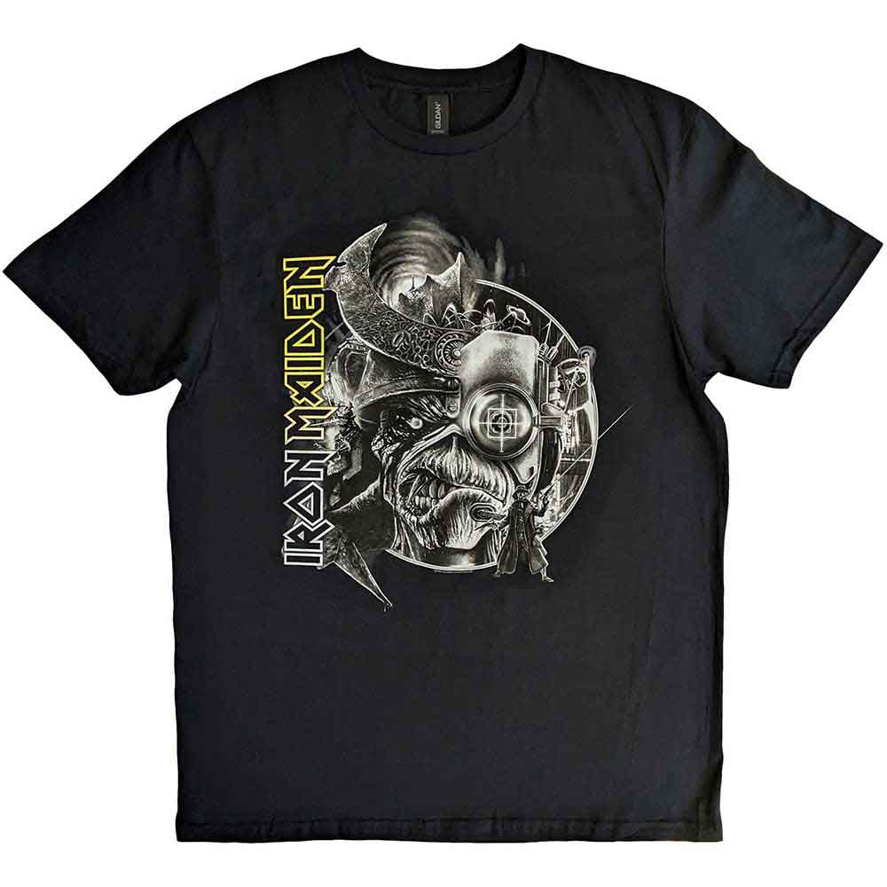 Black unisex t-shirt featuring a greyscale Iron Maiden The Future Past Tour 2023 graphic.