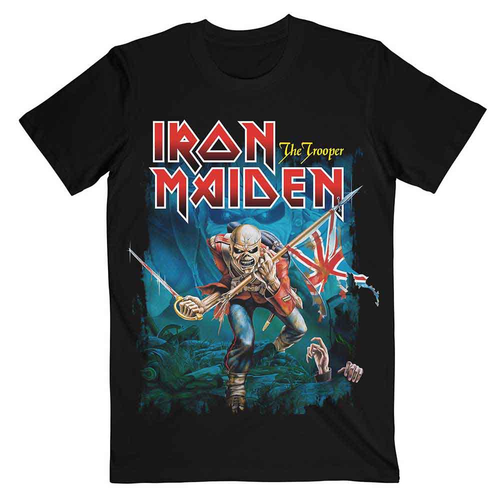 Black t-shirt featuring a large, detailed graphic of Iron Maiden's mascot, Trooper Eddie.
