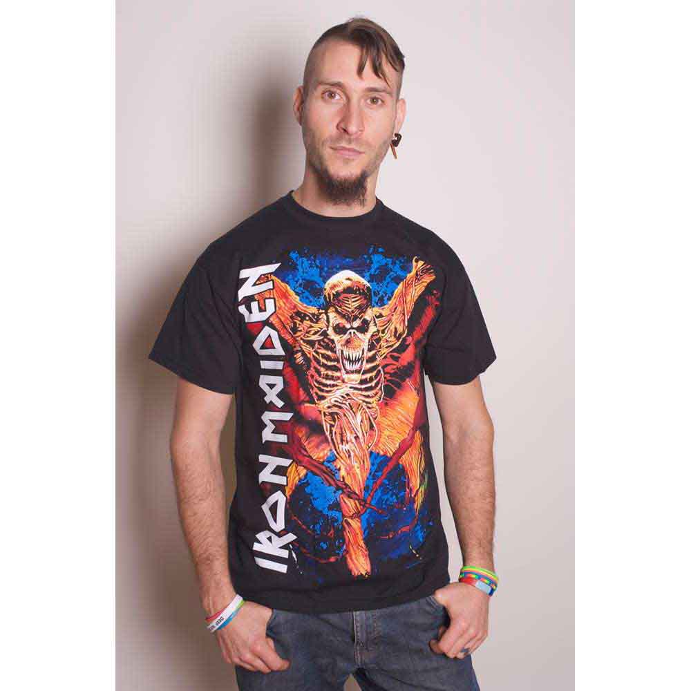 Black t-shirt with Iron Maiden logo and skeletal vampire graphic.