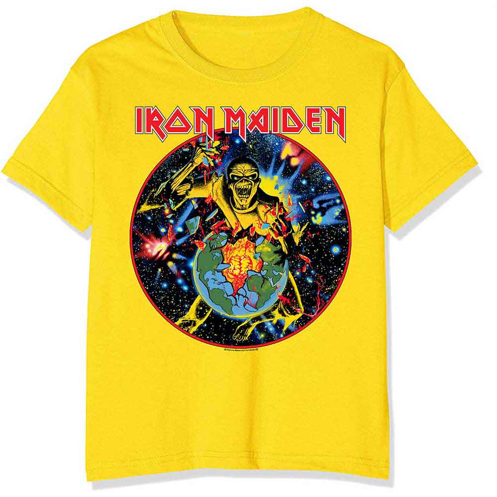 Black unisex t-shirt featuring the Iron Maiden World Piece Tour circle graphic.