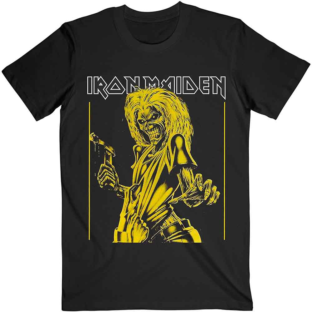 Yellow Iron Maiden t-shirt with band logo and airplane graphic, size XX-Large.