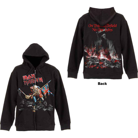 Black Iron Maiden hoodie with Eddie graphic, worn by a model.