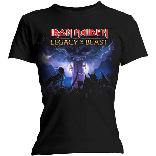 Black women's t-shirt with Iron Maiden "Legacy of the Beast" artwork.