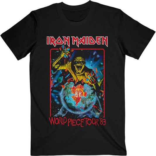Black Iron Maiden t-shirt with colorful "World Piece Tour '83" graphic.
