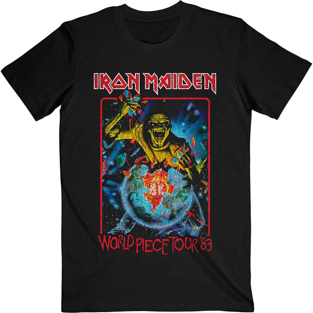 Black Iron Maiden t-shirt with colorful "World Piece Tour '83" graphic.