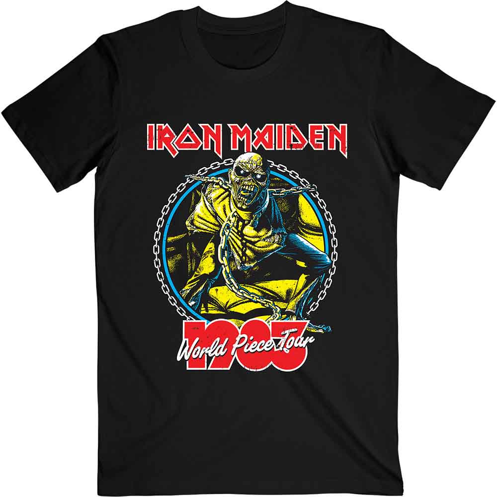 Black Iron Maiden t-shirt with Eddie and “World Piece Tour ‘83” logo.