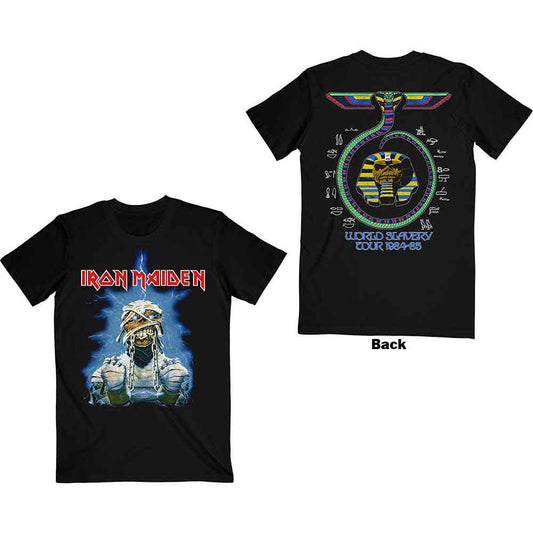 Black Iron Maiden T-shirt featuring World Slavery Tour mummy graphic with chains and lightning.