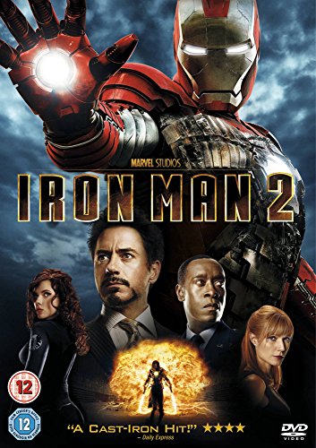 Iron Man 2 DVD cover featuring Iron Man, Tony Stark, and other cast members.