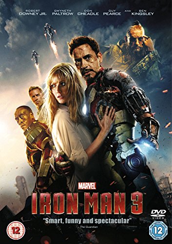 Iron Man 3 DVD cover featuring Tony Stark and Pepper Potts against yellow background.