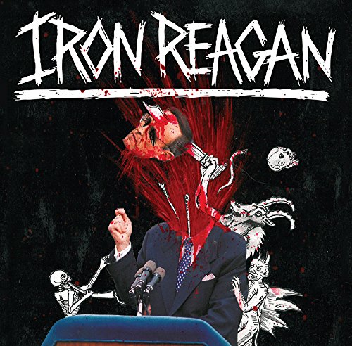 "Album cover featuring a cartoon of Ronald Reagan with skeletons and blood splatters."