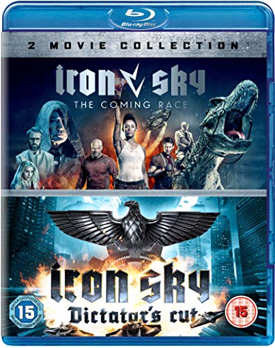 Blu-ray cover for "Iron Sky 1 & 2" featuring characters and a dinosaur.