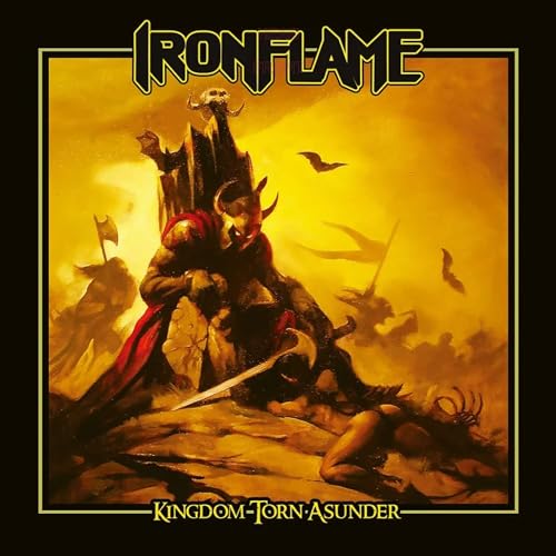 Album cover: warrior kneels amidst battle ruins, skull, and birds.
