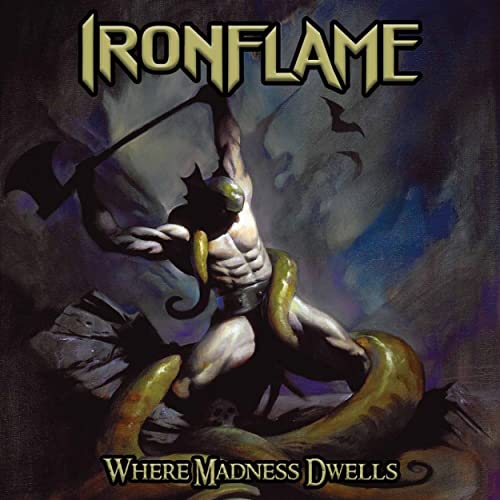 Album cover: muscular figure with snakes, dark fantasy art, “Ironflame”.