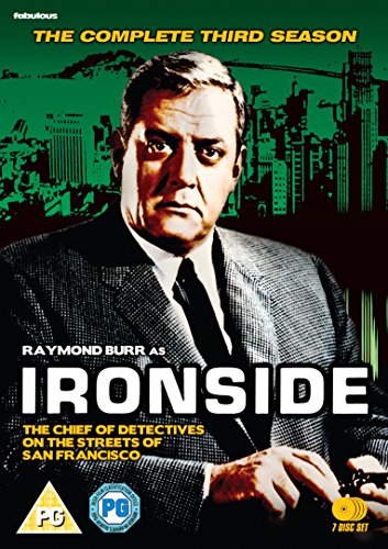 Raymond Burr as Ironside DVD cover, cityscape background, and rating logos.