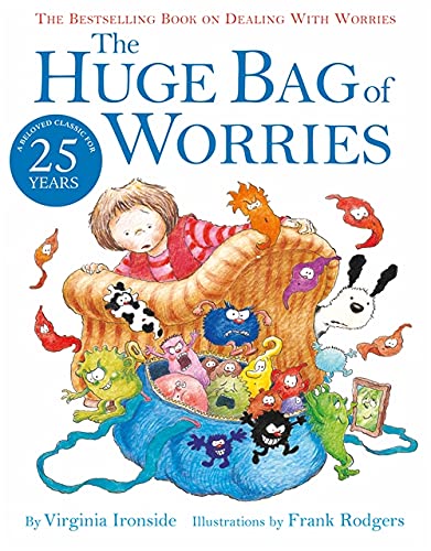 Book cover: child with colorful, monster-filled bag representing worries.