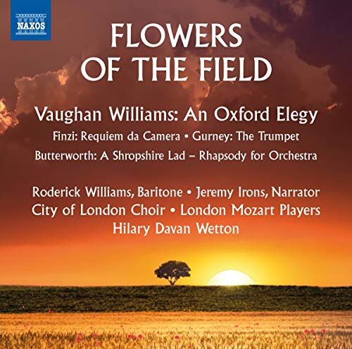 CD cover for Vaughan Williams’ “Flowers of the Field” with sunset image.