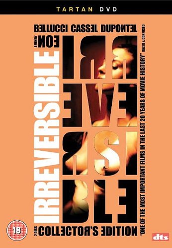 DVD cover for "Irreversible" with fragmented faces and orange background.