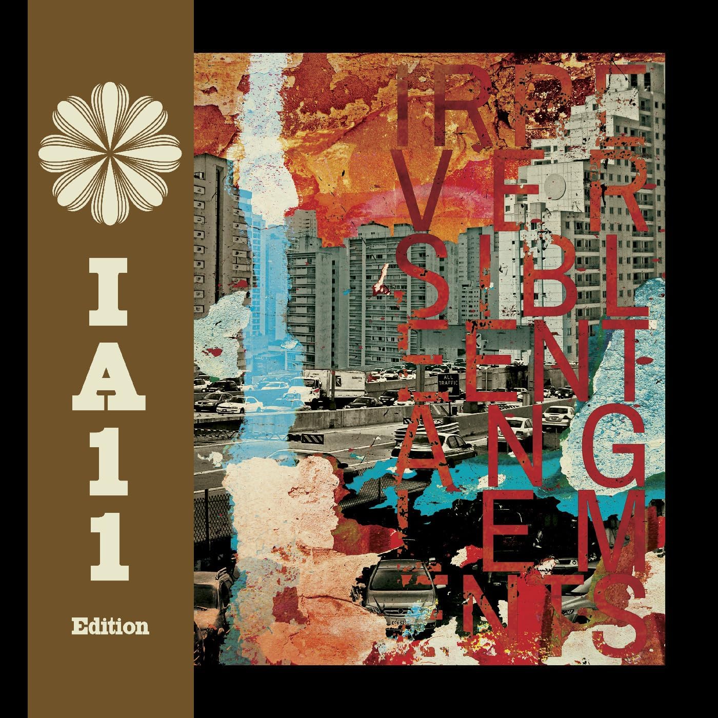 Vinyl album cover with abstract collage of cityscapes and text.