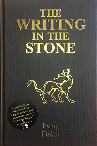 Book cover: "The Writing in the Stone" with a golden lion illustration.