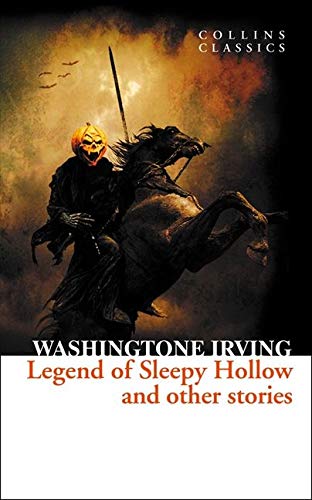 Book cover: Headless Horseman on black horse, pumpkin, text “Washington Irving”.