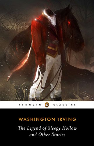 A headless horseman in a red coat stands beside a dark horse in mist.