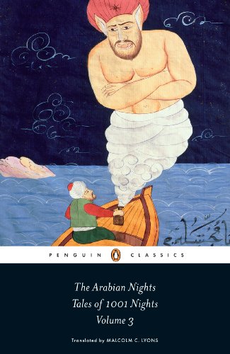 A genie emerging from a bottle before a man in a boat, book cover art.
