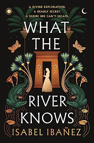 Book cover with a woman standing before an Egyptian doorway, crocodiles, and palm trees.