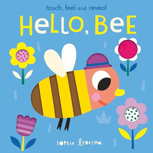 A cartoon bee wearing a hat surrounded by colorful flowers on a blue background.