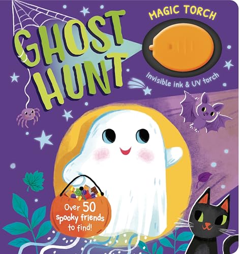 Purple book cover with a cartoon ghost, black cat, and UV torch.