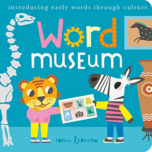 Word Museum" book cover with colorful illustrations of animals and museum objects.