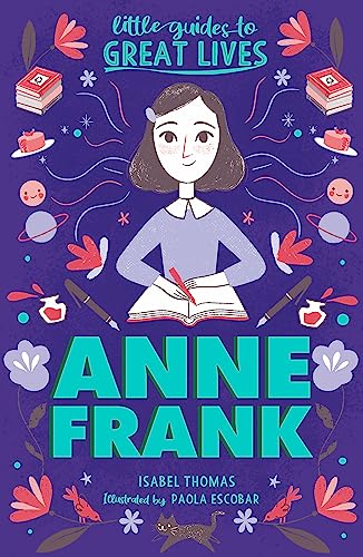 Book cover featuring illustrated portrait of Anne Frank writing in a diary.