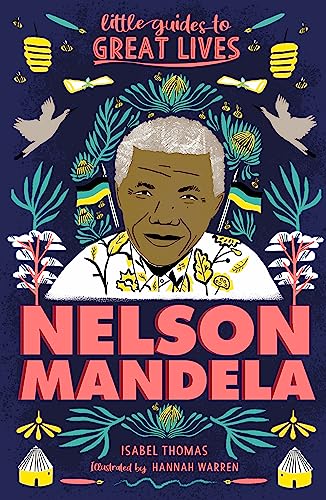 Illustrated portrait of Nelson Mandela surrounded by botanical motifs on a dark blue background.
