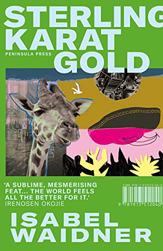 Book cover featuring a giraffe, collage elements, and bold green text.